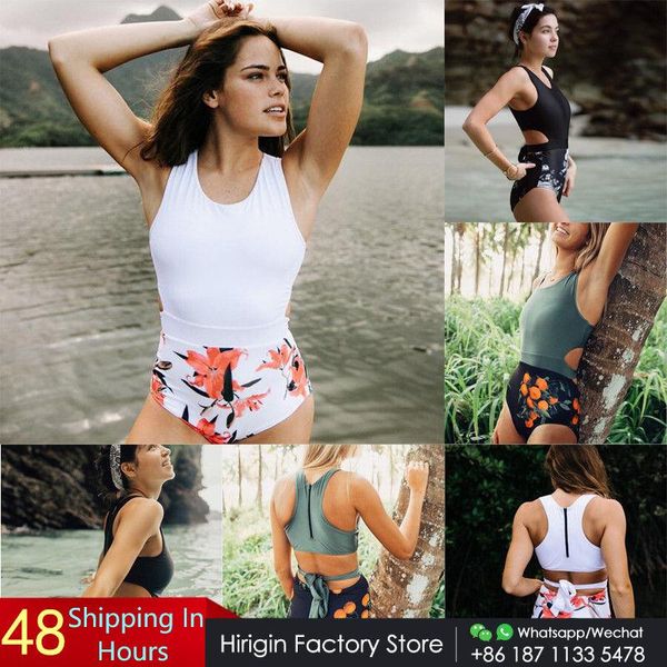 

one-piece suits 2021 fashion women high waist swimsuits flower printed swimwear push up padded bandage bathing