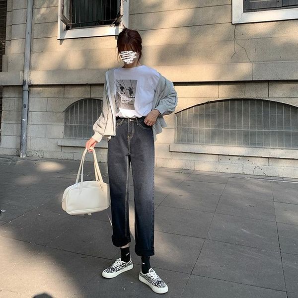 

women's jeans spring and autumn dark blue straight leg loose wide pants small high waist slim