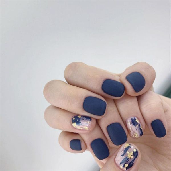 

false nails blue dye with sequins decorated fake frosted square head short wearable full cover finished fingernails, Red;gold