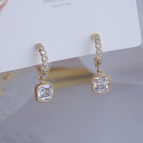 

stud fashion brand jewelry 14k real gold simple style earrings for women gift shining zircon square, Golden;silver