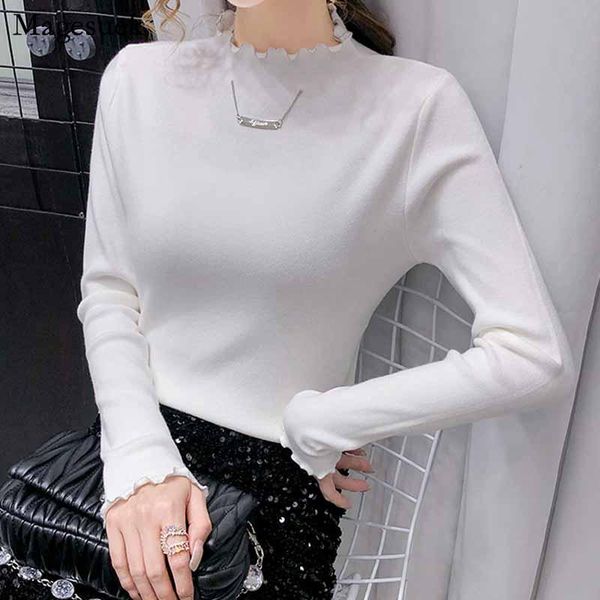 

women's sweaters women autumn sweet solid long sleeve pullover bottoming sweater wave curl half-high neck knitted jumper pull femme 112, White;black