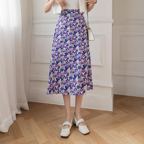 

skirts floral print casual long womens fashion high waist a-line mid-length skirt holiday summer chiffon, Black