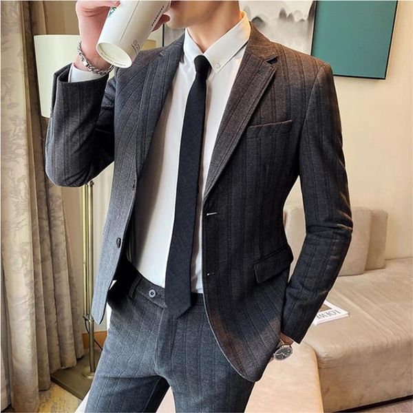

men's suits & blazers british style autumn winter woolen suit dress fashion striped jacket with pants men slim tuxedos groom wedding, White;black