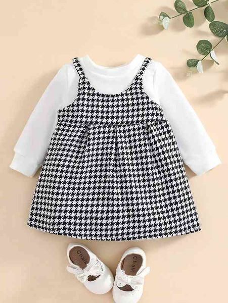 

baby solid sweatshirt & houndstooth print tweed cami dress she, White
