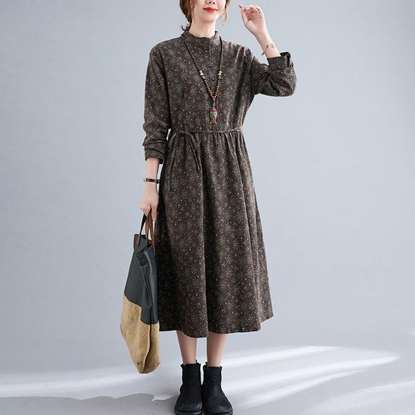 

casual dresses women autumn cotton linen dress shirred color 2021 vintage floral print with sashes ladies elegant a-line, Black;gray