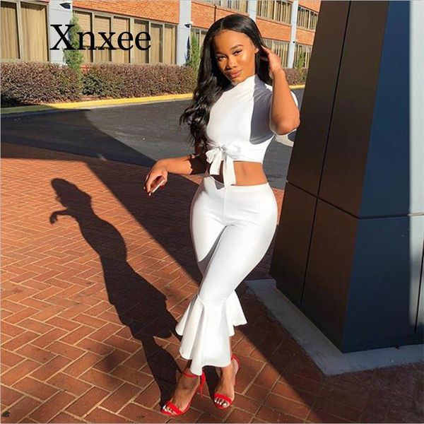 

white two piece set women 2021 summer outfits short sleeve bow tie up and cropped flare pants suit fashion sets women's tracksuits, Gray