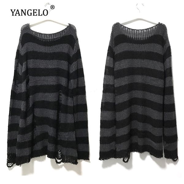 

punk gothic long sweater summer women striped cool hollow out hole broken jumper loose rock thin dark streetwear 211009, White;black