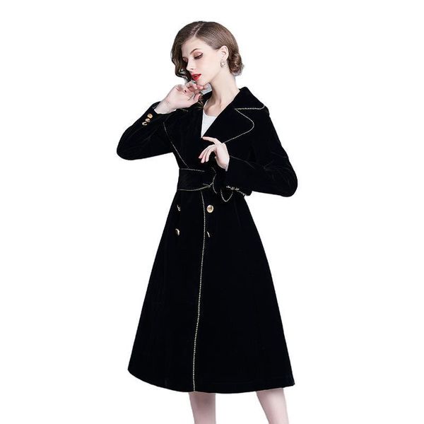 

women's trench coats velvet blazers elegant temperament fashion slim office lady double-breasted coat, Tan;black