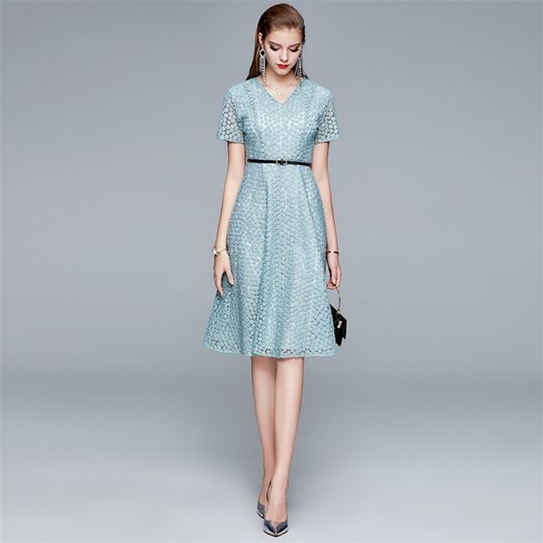 

arrival solid lace embroidery dresses women fashion designer v-neck hollow out holiday runway vestidos 210520, Black;gray