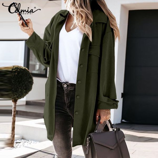 

blouses women plus size casual loose shirts celmia sleeve buttons pockets long blouses female fashion lapel office lady solid, White