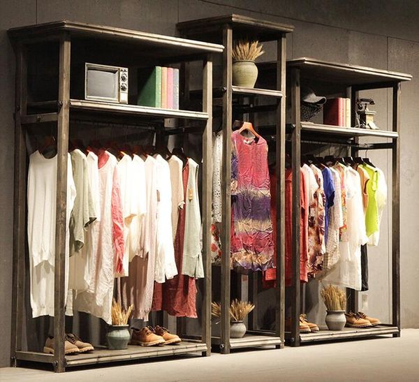 

hangers & racks clothes rack display in solid wood clothing store, floor-type retro boys and girls'clothes