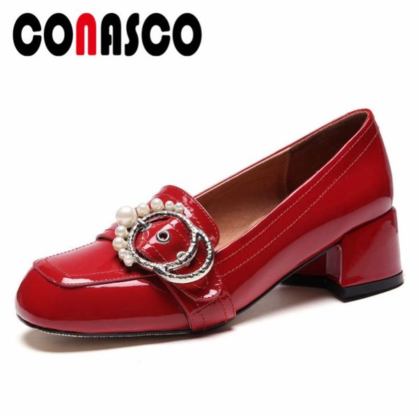 

dress shoes conasco women fashion patent leather pumps pearl buckles wedding party woman female thick heels round toe club, Black