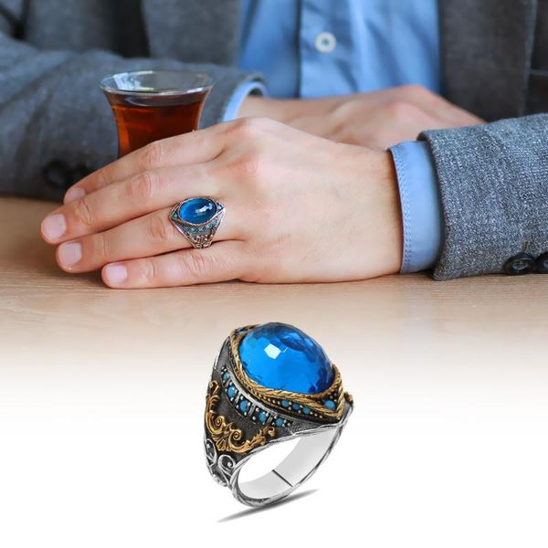 

cluster rings tesbihane oval aqua zircon stone compact design 925 sterling silver men 's ring, Golden;silver