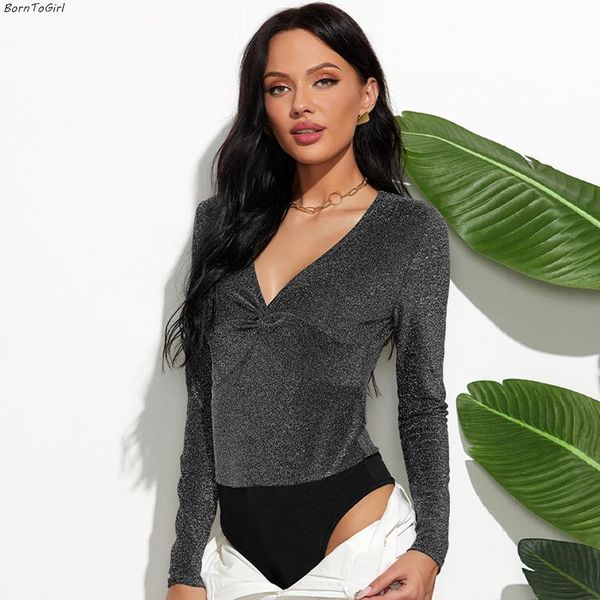 

borntogirl 2021 autumn bodysuit women long sleeve v neck black stitching bodysuits body suit women's jumpsuits & rompers, Black;white
