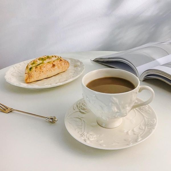 

mugs cup and dish retro ceramic set relief snack plate coffee flower afternoon tea restaurant mug teahouse