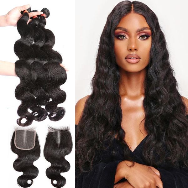 

human hair bulks 28 30 inch body wave weave bundles with closure 3 4 wavy frontal water, Black