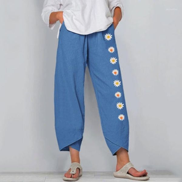 

women's pants & capris summer women loose daisy print cotton linen elastic waist casual wide leg plus size vintage pant#35, Black;white