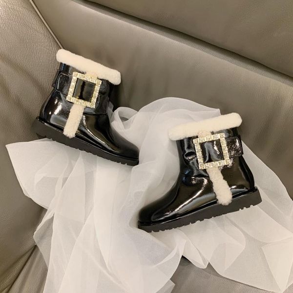 

boots fur short women 2021 winter patent leather pure wool cotton shoes snow 34-40, Black