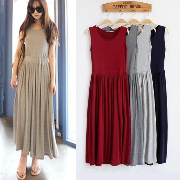 

casual dresses 2021 elegant women dress o-neck sleeveless slim maxi high stretch tank robe spring summer thin long vestidos, Black;gray