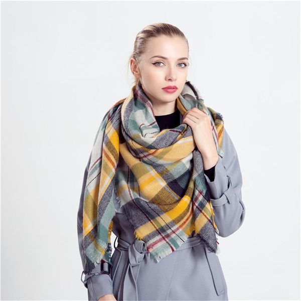 

scarves 140*140cm pashmina plaid scarf women grid winter shawl and cachecol woman casual tassel fringe acrylic cape wrap yg54401, Blue;gray