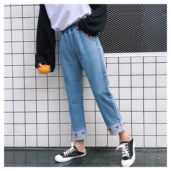 

women's pants & capris women cute casual korean kawaii cartoon strawberry embroidery jeans leisure high waist straight denim trousers, Black;white