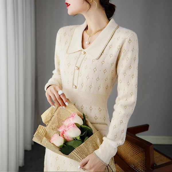 

casual dresses french small wind knitting dress qiu dong one luxury doll collar embroidery waist show thin wool render women, Black;gray