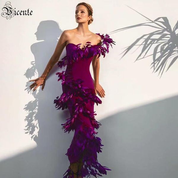 

casual dresses vc ladies dress celebrity party feather design one-shoulder rose red velvet long, Black;gray