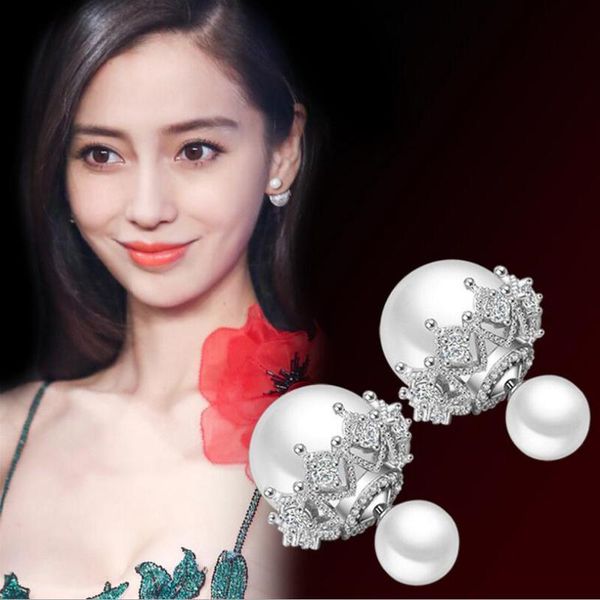 

stud white-color abs simulated double pearl earrings for women fashion 925 sliver lace two wear ways doucle d'oreille, Golden;silver