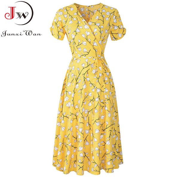 

women floral print bohemian beach dress short sleeve elegant vintage a-line summer chiffon casual boho sundress plus size 210510, Black;gray