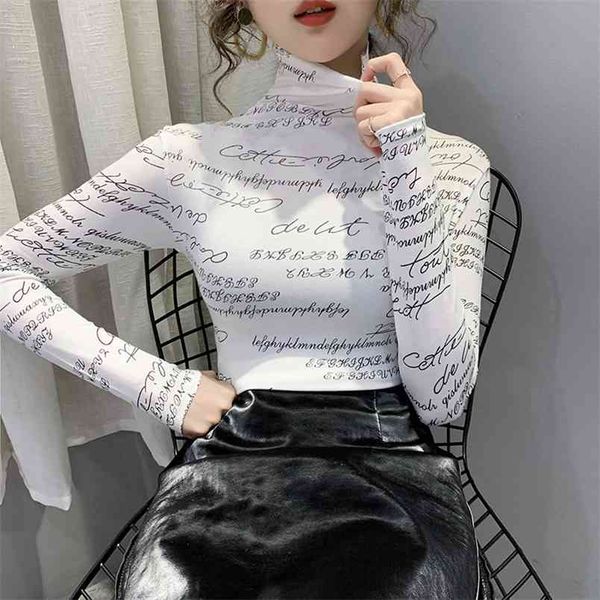 

wwenn print letter doodle t-shirt spring vintage women high neck long sleeve stretchy tee shirt femme casual winter clothes 210507, White