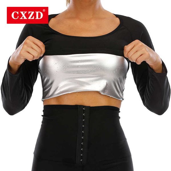 CXZD Donna Rivestimento agli ioni d'argento Thermo manica lunga TOP Tute da sauna per il sudore Body Shapers Allenatore per la vita T-shirt dimagranti Fitness