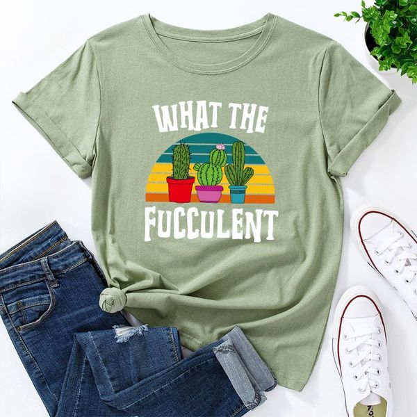 

women's t-shirt what the fucculent cute cactus graphic vegan tee funny women short sleeve gardening plants tshirt kawaii clothes, White