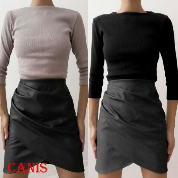

skirts women ladies high waisted pencil solid color casual fashion wrap skirt bodycon pu leather mini club, Black