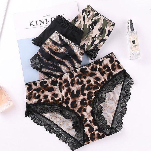 

women's panties sold by 6pcs/lot- leopard ladies lace mid-waist ice silk cotton crotch briefs, Black;pink