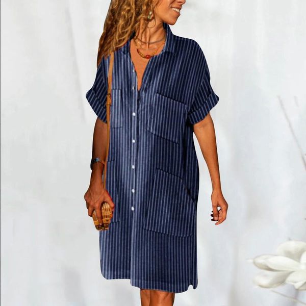 

casual dresses summer shirt dress women's striped print batw short sleeve turn-down collar button loose mini, Black;gray