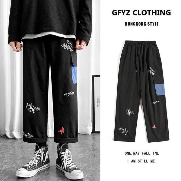 

straight-leg pants men's black korean cartoon pattern hong kong fashion brand loose wide-leg cropped overalls joggers men