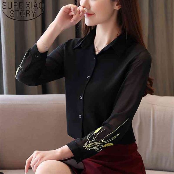 

spring loose embroidered elegant chiffon blouse women long sleeve slim black silk shirts blusas mujer de moda 8466 50 210508, White