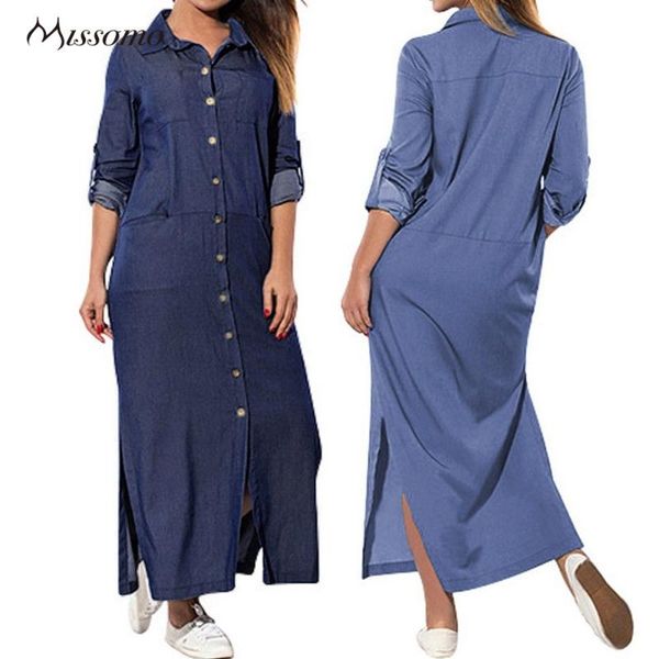 

casual dresses missomo denim dress women pockets loose swing shirt long sleeve split maxi vestidos, Black;gray