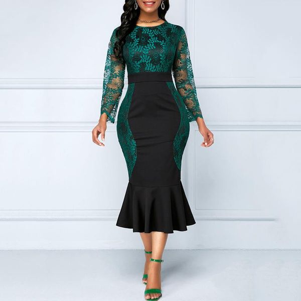 

casual dresses md elegant ladies mermaid dress women plus size bodycon lace vintage slim office robe 2021 summer party gowns, Black;gray