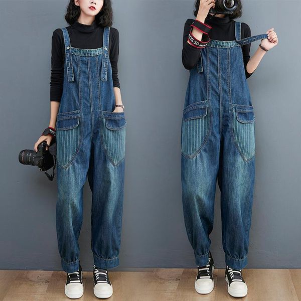 

women's jeans women's loose large size contrast color wash high waist all-match bloomers autumn suspenders mother, Blue