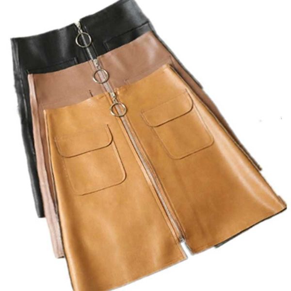 

skirts korean version high waist autumn fashion female solid color leather zipper pockets a-line mini pu skirt women 8dxg, Black