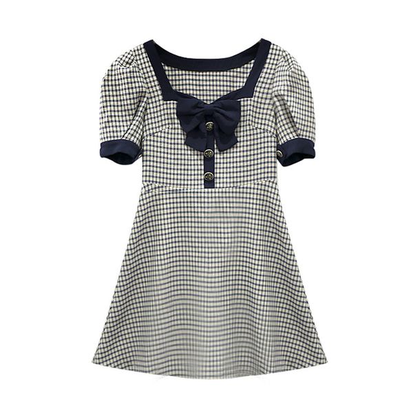 

puff sleeve button slash neck short mini dress elegant solid summer women female plaid bow d1884 210514, Black;gray