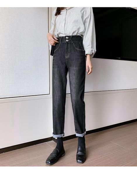 

740.high waist women jeans buttons female women's pants & capris, Black;white