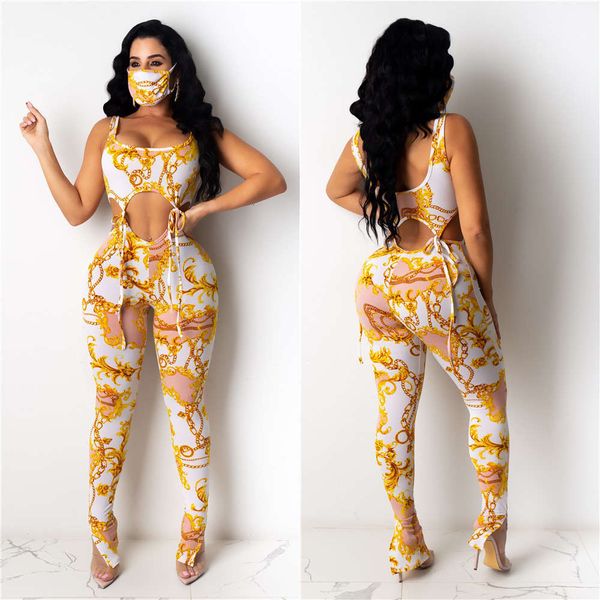 

2021 women's pattern printed jumpsuit fashion casual suit, White