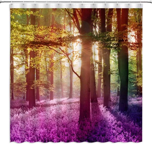 

lavender jungle shower curtain nature spring purple flowers full of mountains dense forest scenery,70x70 inch polyester fabric