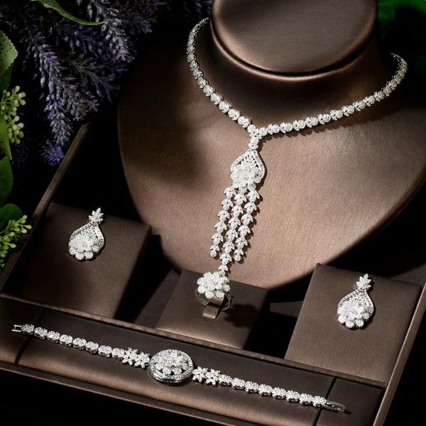 

earrings & necklace hibride arrival long tassel flower shape women bridal jewelry set 4pcs earring nigeria dubai wedding n-1896, Silver