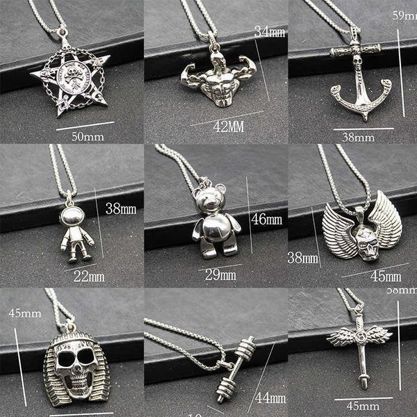 

ins necklace astronaut bear six star sweater hip hop style necklace men's, Silver