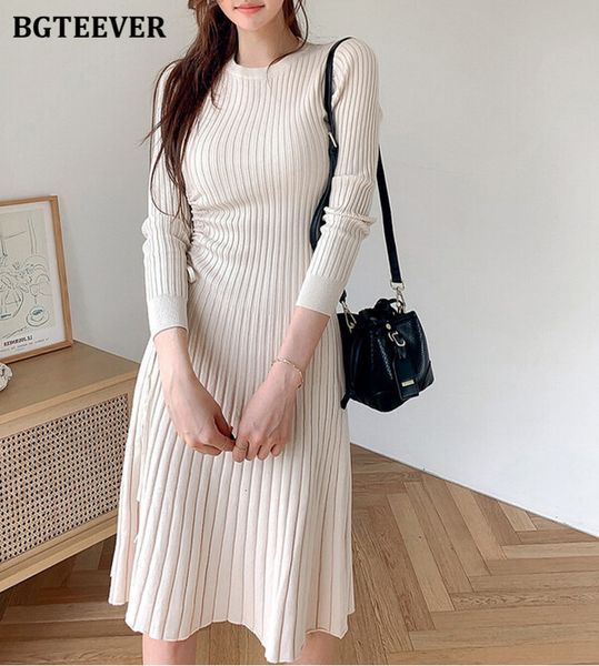 

dresses chic elegant drawstring women sweater o-neck slim waist full sleeve female a-line knitted dress vestidos winter jlml, Black;gray