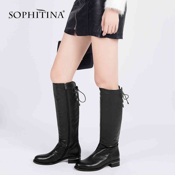 

sophitina fashion full genuine leather winter boots comfortable low heels shoes handmade wool fur woman boots ba23 210513, Black