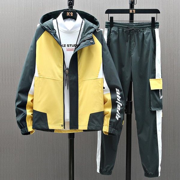 

men's thermal underwear 2021 tracksuit hip hop streetwear hooded patchwork jacket+pants 2 piece sets clothes men casual fitness sweat s, Black;white